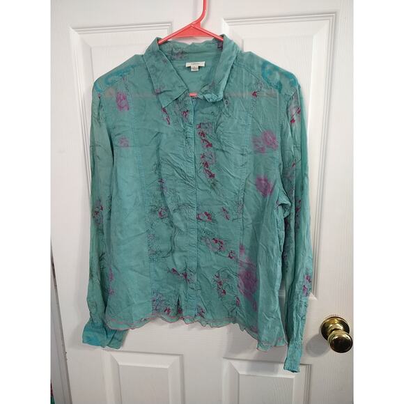 J. Jill Woman L Shirt Green Purple Floral Semi Sheer Snap Close Long Sleeve - Picture 1 of 11